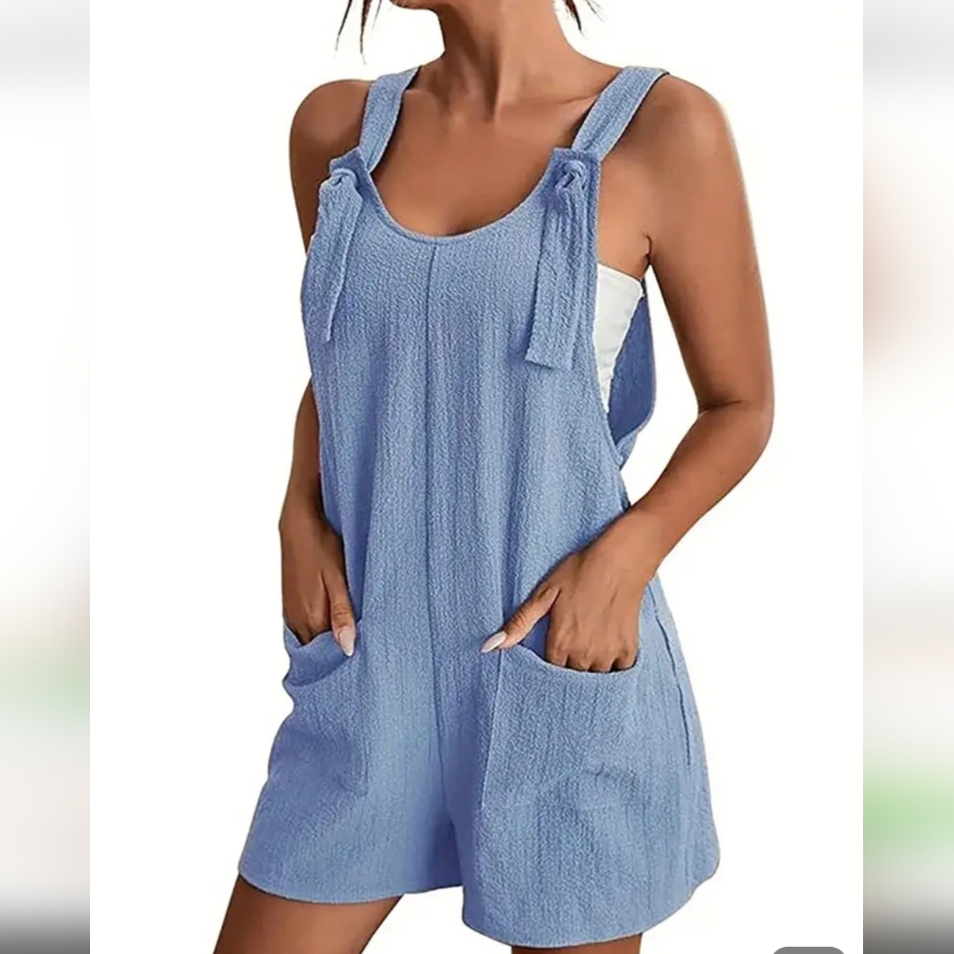 Blue Sleeveless Romper With Pockets